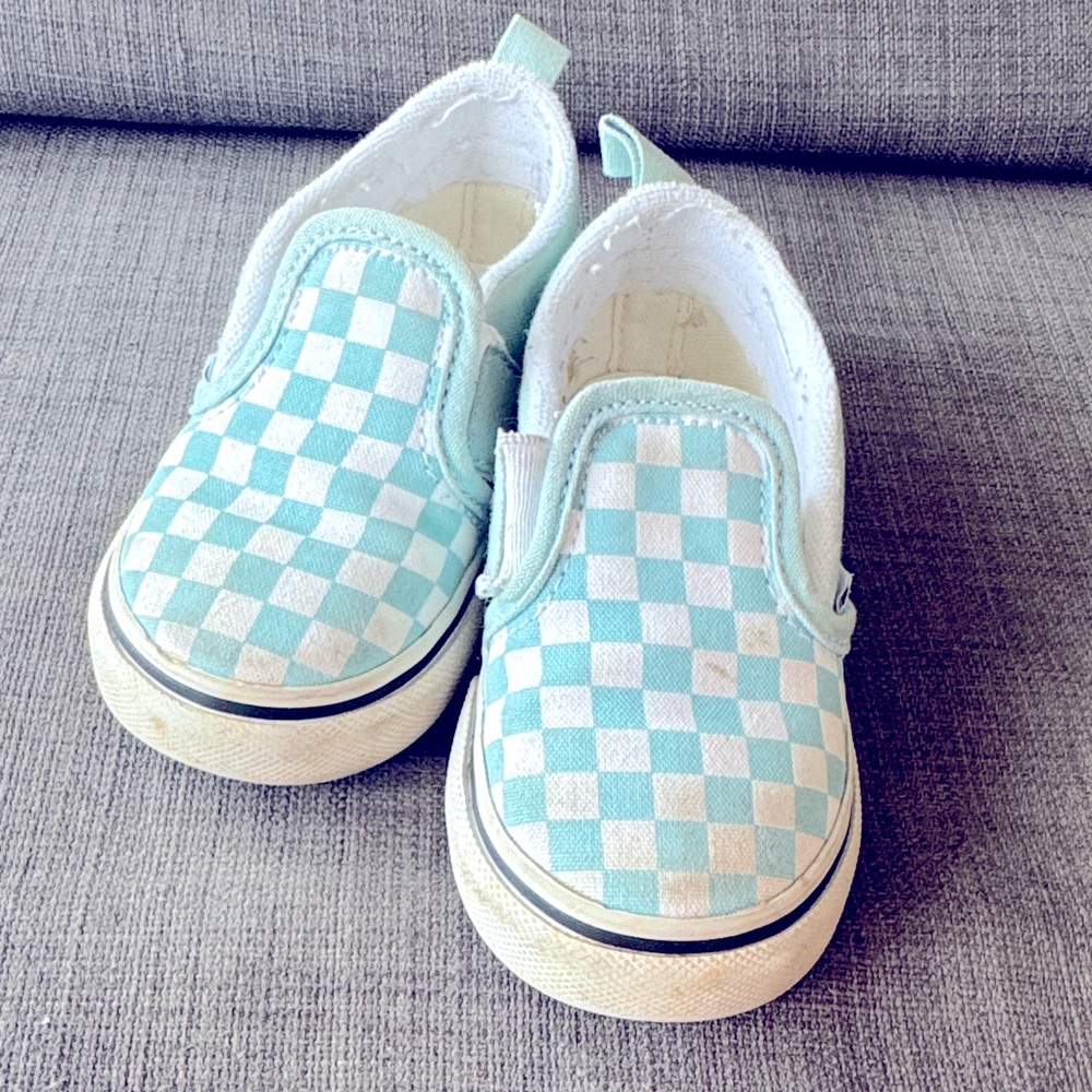 VANS Kids Checkered Slip-On Shoes - Blue and White
